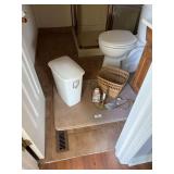 Bathroom rug, sterilize trash can , brass electric candle , mini cup dispenser and woven trash can