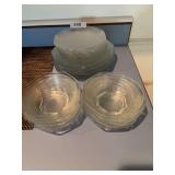 Clear glass dishes, 12-7.5” plates, 12-9.5” plates, 12-6” bowls