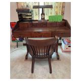 Vintage pine trestle desk, 8 drawers, with chair, excludes all contents, 48.5”w x 24”d x 35”h
