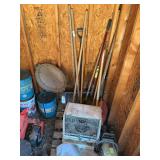 Poulan chain saw, kerosene heater, yard tools, metal cans