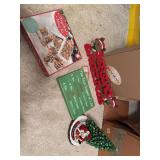 Santa train figure, 2 wooden signs, gingerbread house kit