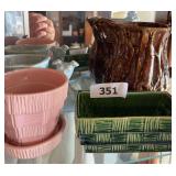 Brown pitcher, Green McCoy planter, dog planter, pink planter( cracked)