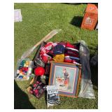 Pool balls, IU bottle, IU wreath, Otters seat cushion, Central Bears scarf, Mater Dei scarf, USI sock hat, framed picture, 2 wooden bow and arrows