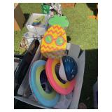 Bike helmet, foam flyers, electric pump, swim board, misc swim items