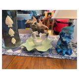 15” dolphin lamp, beam Ducks Unlimited decanter, vintage rooster dish, blue vase with mirror base