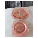 Pink depression glass plates, 2 divided - 9.5”, 5 square - 6”