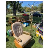 Glider rocker has some fabric damage, coat rack, decorative hanging cage