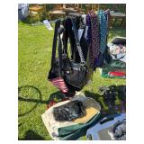 Lot of purses and stand, tote bags, men’s ties
