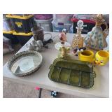 Green Indiana glass serving tray , vanity mirror, vanity dish , 25th anniversary s/p and creamer and sugar , candle wax melter, tweety and Sylvester mug, tweety mug , owl toothbrush holder , vintage o
