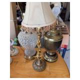 Brass table lamp, glass lamp, pencil lamp w/ fringe shade