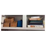 Recipe and miscellaneous books, wicker baskets, lunch box