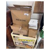 Solar lamp posts lights, plastic shelf, gold balls, misc