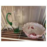 Ruffle edge bowl, art glass pitcher