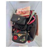2 tubs of purses, scarves, lunch box, belt, misc