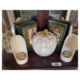 Pr of Lenox candle holders. 2 Oliver Twist books, cookie jar
