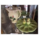 Ceramic pitcher & egg plate with salt & pepper shakers