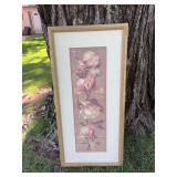 2 floral prints one without glass 31” x 14.5” and 19” x 23.5”, LED WiFi board 31”h x 23”w working condition unknown, cork board with dry erase calendar 17”w x 22”h