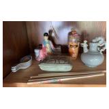 Lot of Asian items: planter, celadon puzzle tea pot, spoons, sauce dishes, wood figure, chop sticks