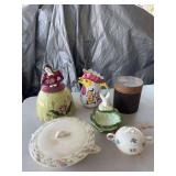 Cookie jar, rooster pitcher, melting pot, rabbit dish, miscellaneous