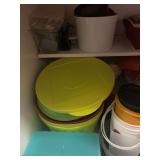 Cabinet of food containers , potato press for fries , food meal