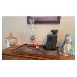 Pink depression glass open rose candy dish, wooden tray, hurricane lamp,  small fountain, Mary planter, Royal Windsor