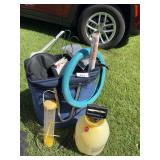 Sprayer , wren feeder, steering wheel cover , new jump rope , new bike seat cover , hangers and canvas laundry holder ￼