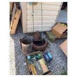 Outdoor items , charcoal tower,  .080” twisted line and spool , pop  & lock armored steel truck security, Scott’s 20V lithium -ion  battery and charger , cabela’s  rod holder extension and box o