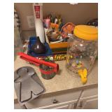 Vintage mold, vintage strainer, kitchen fire extinguisher, wall wax warmer, plastic drink beverage holder,  large lot of paper tickets, oil diffuser
