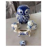 Blue delft ceramic owl, piggy bank, car trinket dish, cow creamer, crab