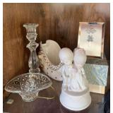 Glass candle stick, basket, musical wedding figure, sleigh, cross