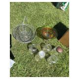 Decorative glass bowl on stand, fruit bowl, jars