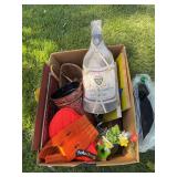 Box of dog items , plaques, decorative bucket, and misc