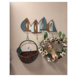 Sail boat wall hooks, wicker and metal hanging basket, fairy wreath