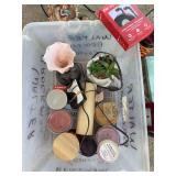 Tub with lamp, earbuds, candles, artificial plant, picture, 2 mini oil lamps, frames, fountain, misc