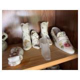 4 ceramic shoes/boots, frosted glass shoe, ceramic pig salt shaker