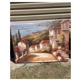 Canvas picture (with small rip)￼47”w x 35”h, two palm tree pictures (one damaged) 43.5”w x 31”
