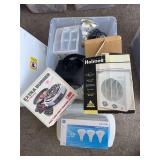 Tub with extra burner, fans, camera, plastic storage container, lightbulbs, cables misc