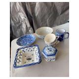 Blue and white pieces, bowl, cups, trinket box, plate, reticulated dish, Copenhagen Christmas plate