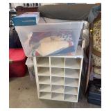 Wood shoe holder 24” x 20” x 12” holds 15 prs of shoes  tub of  table runners,  pillow shams, Pilates bar kit and yoga mat
