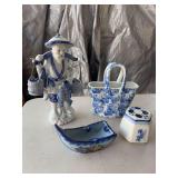 Asian fisherman figurine, ceramic basket, toothbrush holder, gondola ashtray