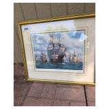 Print numbered and signed “Jean Fleury’s Attack” by Mark R Myers 22”w x 19”h, five ocean water canvas boards 16”w x 39.5”h x 5