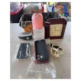 Basket, phones, cases, clock, USB humidifier