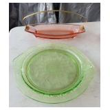 depression glass green handled plate, pink oblong handled dish
