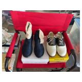Boots( 41) , saddle oxfords (6.5), gold and silver formal purses and silver shoes (7.5)