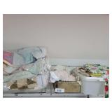 Quilts (unknown sizes), Crocheted Items, Linens, Plastic Container, Tin