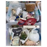 Light globe, frog glitter globe, pig figure, pie plate, bowls, vases, misc