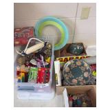 Crayons, toys, shot glasses, plaid ornaments, plate, planter