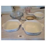 Corningware Casseroles, Pyrex Casserole and Measuring Cup, Crown Manor (Japan) Crock