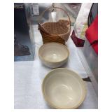 Longaberger basket, 2 crock bowls