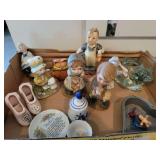 Porcelain Figurines- shoes (Japan- broken), Ceramic Pieces, Heart Tin, Clear Glass Frog, misc